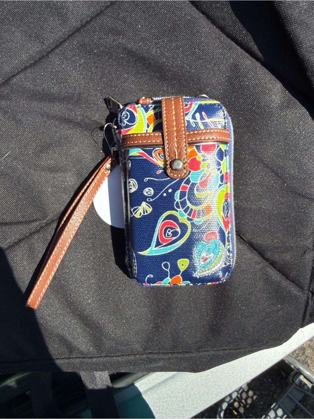 Sakroots Navy Multi Floral Wristlet Phone Pouch with Brown Strap